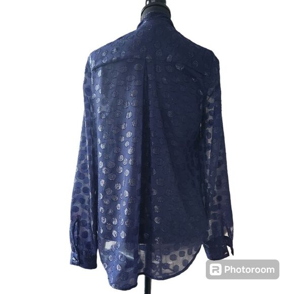 JLO Shimmering Crossover top Polka Dot Blue Long Sleeves Drape Front Blouse Sz L - Picture 7 of 10